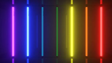 Neon halojen gökkuşağı çok renkli lambalar fütüristik parlak yansımalarla parıldıyor.