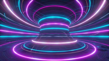 Parlayan çizgileri, ışık hızı, morötesi ışınları, çarpık elektromanyetik girdabı olan soyut fütüristik neon arkaplan. 3d illüstrasyon