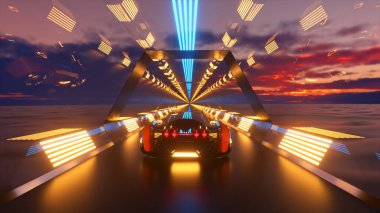 Araba yüksek hızda sonsuz bir neon teknoloji tünelinden geçiyor. Gelecekçi kavram 3D illüstrasyon