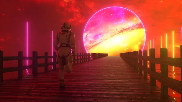 アストラヌートは夢のために海を渡る無限の木製の橋に沿って走ります ネオンライトを前にした宇宙サークル 3Dイラスト — ストック写真