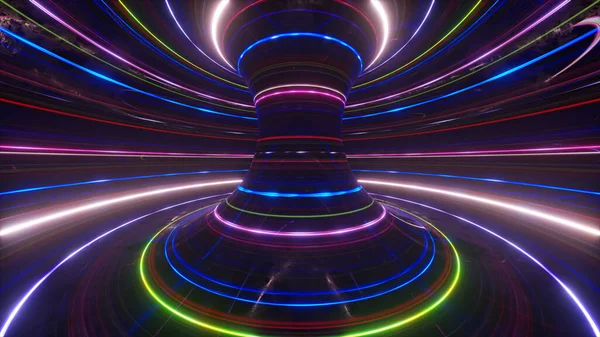 Fondo Neón Futurista Abstracto Con Líneas Brillantes Giratorias Velocidad Luz —  Fotos de Stock