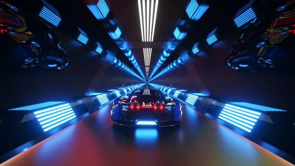 Carro Corre Alta Velocidade Através Túnel Tecnologia Néon Sem Fim — Fotografia de Stock