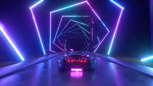 Bilen Rusar Hög Hastighet Genom Oändlig Neontunnel Futuristiskt Begrepp Illustration — Stockfoto