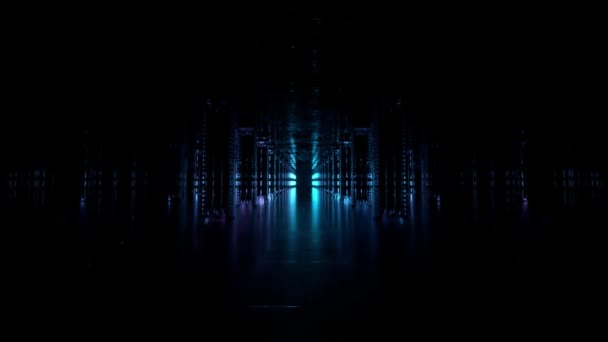 Een lange futuristische gang met een technologisch interieur. Neonlicht beweegt snel vanaf het einde van de tunnel. Sci fi kamer. Naadloze lus 3d animatie — Stockvideo