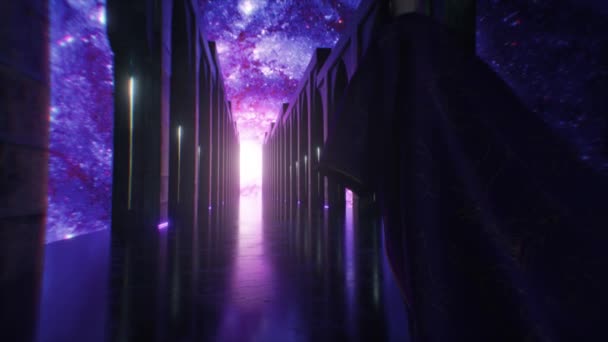 A man dressed in cloth walking down a space sci fi corridor with neon lighting. Let the planet earth. Fantastic concept of the future. The concept of human cognition of space. 3d animation — Stock Video