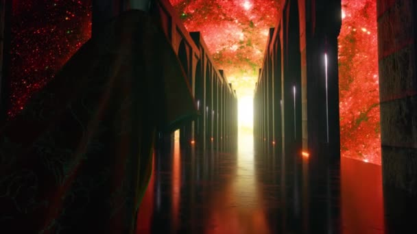 Un homme vêtu de tissu marchant dans un couloir de science-fiction de l'espace avec éclairage au néon. Laissez la planète Terre. Concept fantastique de l'avenir. Le concept de cognition humaine de l'espace. Animation 3D — Video
