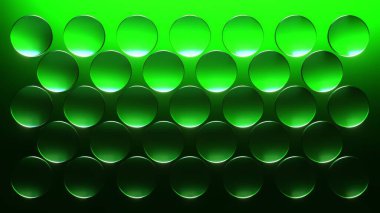 Yeşil parlayan yarı saydam küreler zümrüt zümrüt zemin üzerinde simetrik bir geometrik desen oluşturarak soyut görsel efekt için parlak ışık ve gölgeyi yansıtıyor.