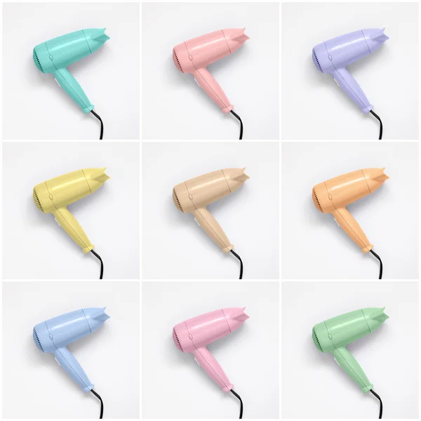 Collage of colorful hair dryers on white background — Stock Photo, Image