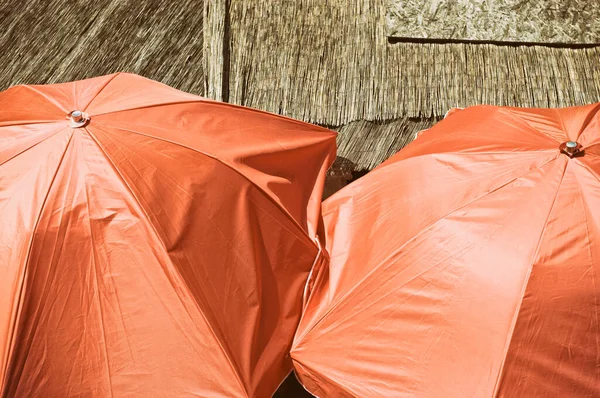Wysoki kąt widzenia pomarańczowe parasole kolorowe — Zdjęcie stockowe