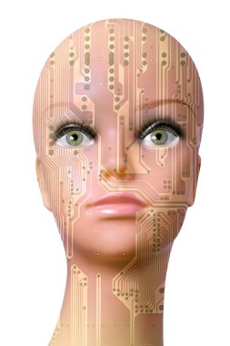 Beyaz arka plan üzerinde izole kadın robot baş
