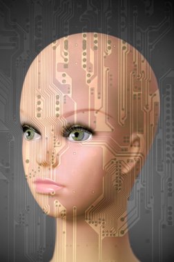 Koyu gri arka plan kafasına kadın cyborg