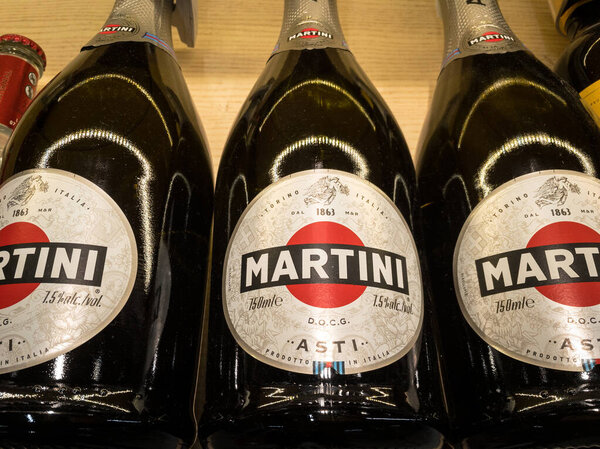 BELGRADE, SERBIA - OCTOBER 10, 2020: Asti Sparkling wine with the logo of Martini for sale. Martini is an italian brand of alcohol, Asti is a traditional white sparkling wine