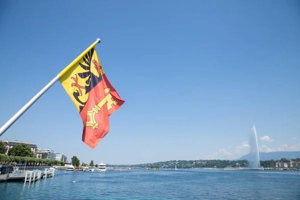 Bandera Del Cantón Ginebra Centro Ciudad Ginebra Sobre Lago Leman — Foto de Stock