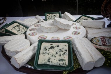 BELGRAD, SERBIA - 12 Temmuz 2019: Başkan Roquefort ve Brie sergilenen diğer Fransız peynir markalarıyla çevrilidir. Başkan, Lactalis 'in bir parçası olan süt ürünleri üreticisi.