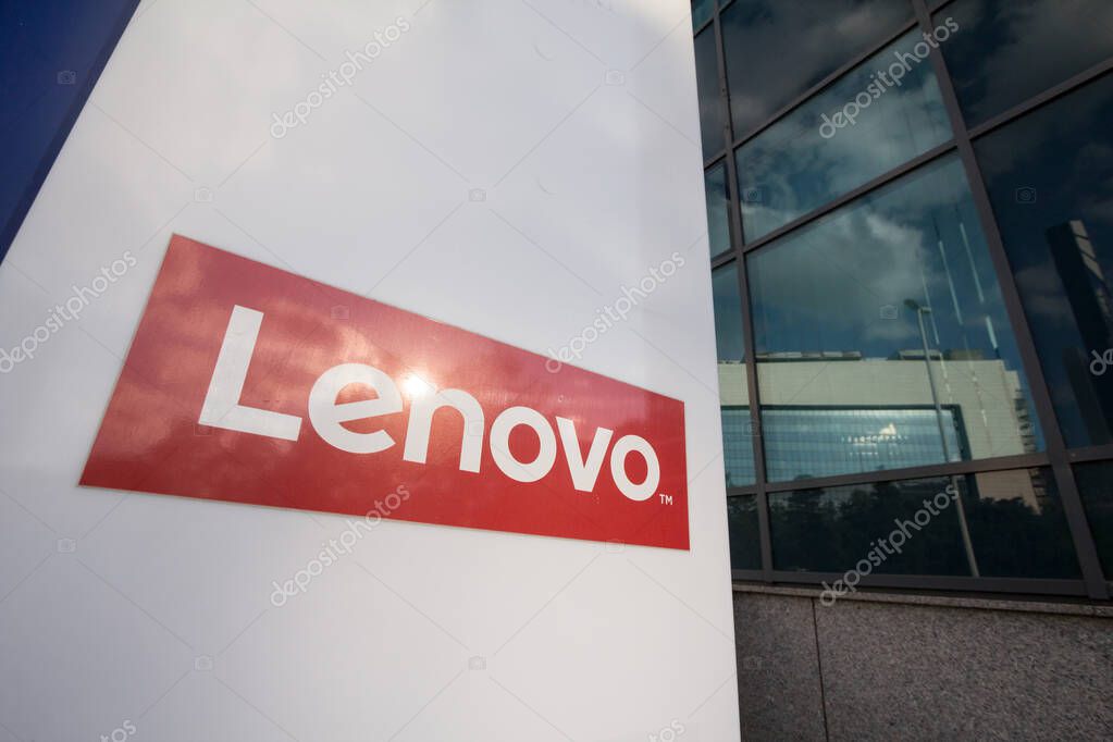 BELGRADE, SERBIA - MAY 31, 2020:  Lenovo sign on their headquarters and main office for Belgrade. Lenovo is a Chinese high technology company specialized in laptops and computers