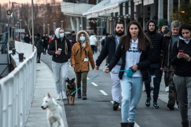 BELGRAD, SERBIA - 12 Aralık 2020: Bir grup genç kadın, arkadaş, Coronavirus Covid 19 krizinde yüz maskesi ekipmanı takarak kalabalığın ortasında köpeğini tasmayla götürmek için kahve içiyorlar