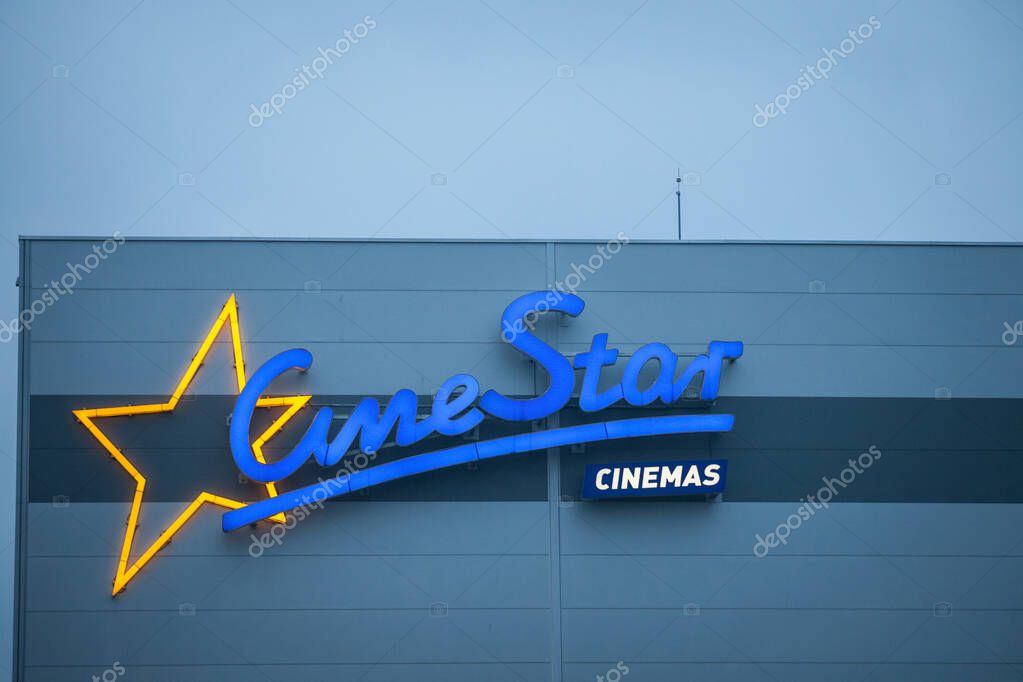 BELGRADE, SERBIA - JANUARY 9, 2021: Cinestar logo on their main cinema for Serbia. Cinestar is an German company specialized in owning and operating multiplex cinemas.