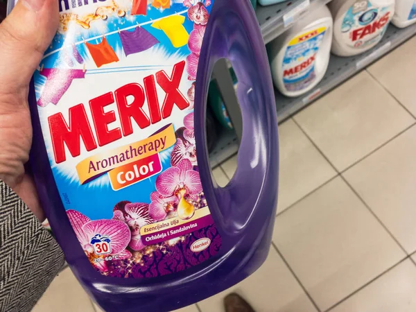 Belgrade Serbia May 2021 Merix Logo Laundry Detergent Bottle Sale — Stock Photo, Image