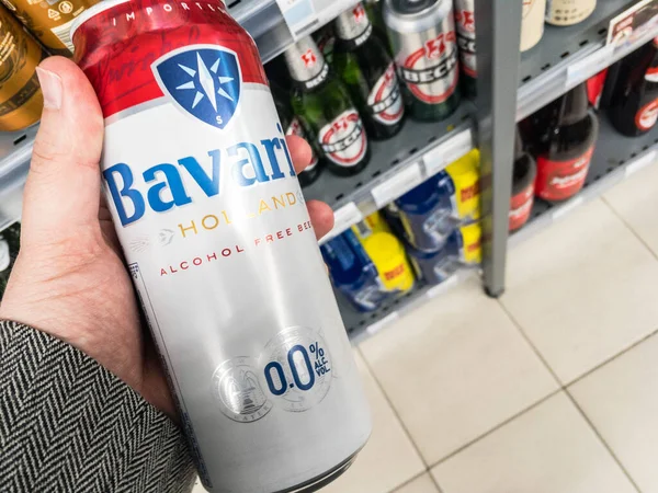 BELGRAD, SERBIA - 3 Mayıs 2021: Bavyera% 0.0 satılık bira logosu. Bavyera birası Hollanda 'da Alman bira imalathanesi Swinkels tarafından üretilen alkolsüz alkolsüz bira.