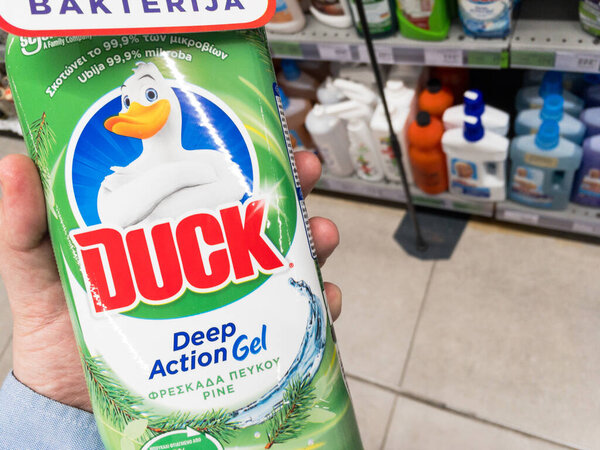 BELGRADE, SERBIA - MAY 5, 2021:  Toilet duck logo on one of their bottles of detergent for sale. Toilet duck is a brand of toilet cleaner disinfectant part of SC Johnson and Sons