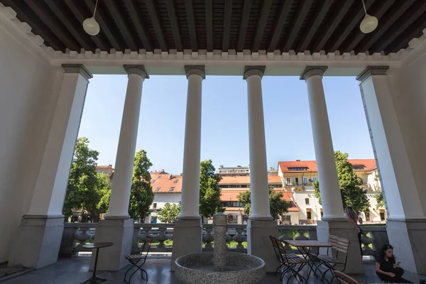 Ljubljana Slovenia June 2021 People Sitting Patio Cafe Front Columns — Stock Photo, Image