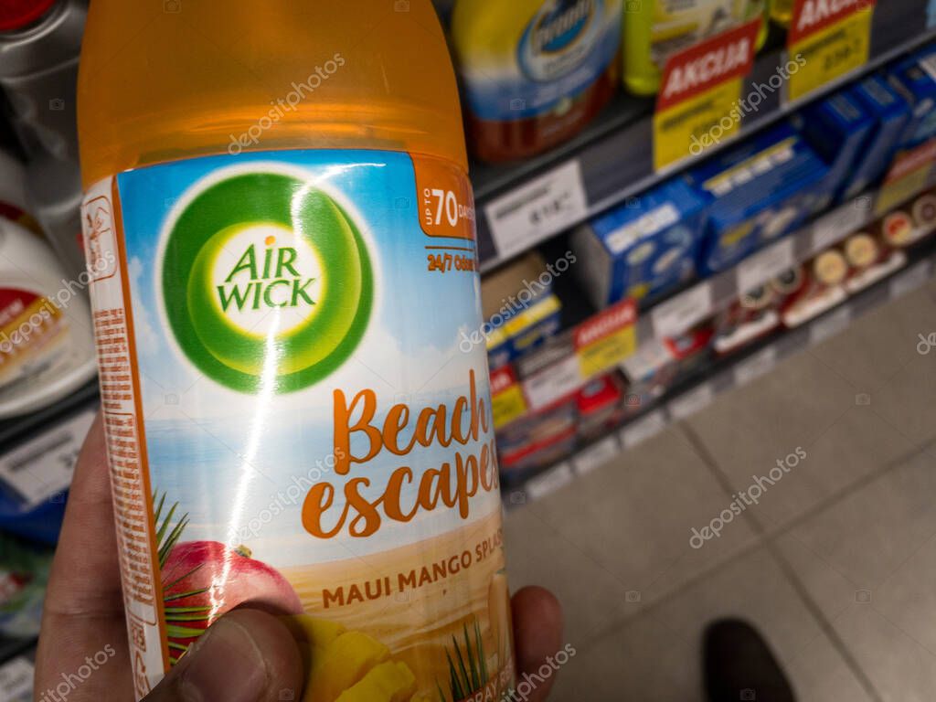 BELGRADE, SERBIA - JUNE 8, 2021: Selective blur on a bottle of Air Wick Air freshener for sale in Belgrade. Part of Reckitt Benckiser, Air Wick is an american brand of perfumes and air fresheners