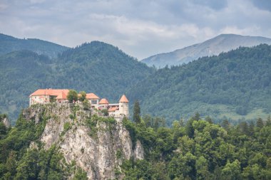 Blejski Hrad olarak da bilinen Kan Kalesi 'ndeki seçici bulanıklık yaz boyunca yeşil bir ormanın ağaçları ve Julian Alpleri' nin dağlarıyla çevrili. Bled Castle Slovenya 'nın büyük bir anıtı
