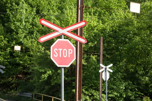 Level Crossing Sign Called Crossbuck Saltire Saint Andrews Cross Standing — Stock Photo, Image