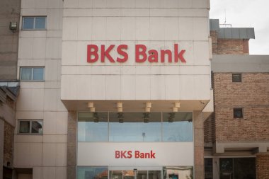 KRANJ, SLOVENIA - JUNE 15, 2021: BKS Banka  logo on their Kranj office. Part of 3 banken gruppe, BKS Bank is an Austrian universal commercial and retail bank spread in Slovenia and Europe