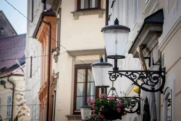Селективное Размытие Старинной Общественной Лампе Типичный Фонарь Века Улице Любляны — стоковое фото