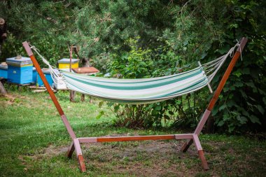 Çimlerle ve çalılarla çerçevelenmiş yapraklı bir bahçedeki ahşap bir standın üzerindeki çizgili hamak sakin bir kırsal alanda dinlenme ve rahatlık öneriyor..