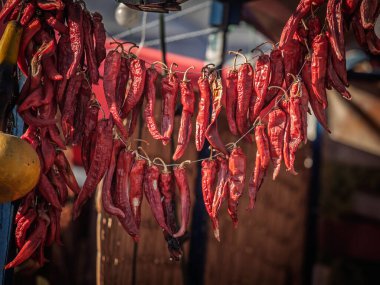 Sırbistan 'daki bir pazarda asılı duran kırmızı biber dizileri, geleneksel gıda koruma ve yerel ürünleri gösteriyor. Balkan mutfağı ve baharat satışlarında kullanılan kırmızı biberlerin yakın plan ayrıntıları.