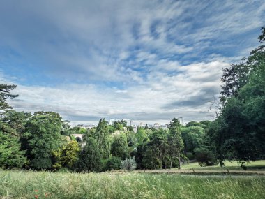 Paris 'te Parc des Buttes Chaumont' un geniş manzarası yuvarlanan çimenler, yoğun ağaçlar, şehrin ufuk çizgisi dokulu bir gökyüzünün altında soluk görünüyor. Parc des Buttes Paris 'in merkezinde büyük bir yeşil parktır..