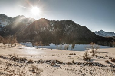 Zgornje Jezersko 'nun etrafındaki donmuş tarlalar taze kar altında yatarken, kış güneşi Julian Alpleri üzerinde doğuyor. Çıplak ağaçlar, uzun gölgeler ve sessiz bir vadi kuzey Slovenya 'da sakin bir alp manzarası gösteriyor..