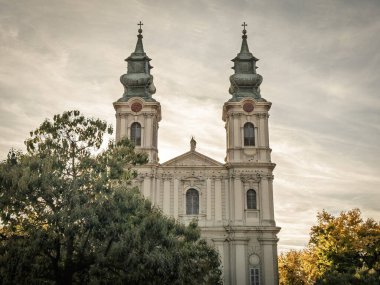 Sırbistan 'ın Subotica kentindeki Avila Katedrali' nde gün batımında ağaçların üzerinde görülen katedrala svete terezije avilske, Sırp Katolik kilisesinin tarihi mimarisini vurguluyor.