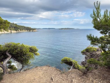 Akdeniz 'in panoramik manzarası Presqu' ile Giens Yarımadası 'nda Fransız Rivierası' ndaki Hyeres 'in kıyı manzarası, çam ağaçları, Fransa' daki kayalık kıyı şeridi, Akdeniz 'in bir sembolü..