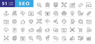 Ana hatlı web simgeleri - Arama Motoru İyimserleştirmesi. İnce çizgi ağ simgesi koleksiyonu. Basit vektör illüstrasyonu