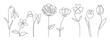 Tek çizgi sanat vektörü çiçek illüstrasyonu, çiçek açan ana hatları