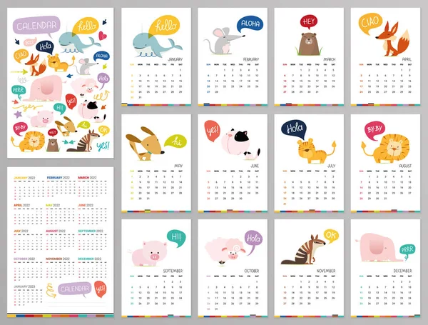 Doodle Pastello Bosco Calendario 2022 Con Volpe Istrice Pinguino Orso — Vettoriale Stock