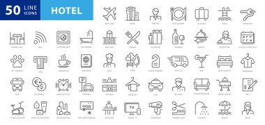 Otel elemanları - ince çizgi web simgesi seti. Taslak simge koleksiyonu. Basit vektör illüstrasyonu