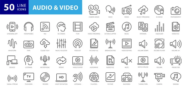Audio Video Icone Pack Set Icone Righe Sottili Set Collezione — Vettoriale Stock