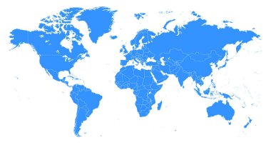 Mavi Politik Dünya Haritası İllüstrasyonu. Tam vektör haritası