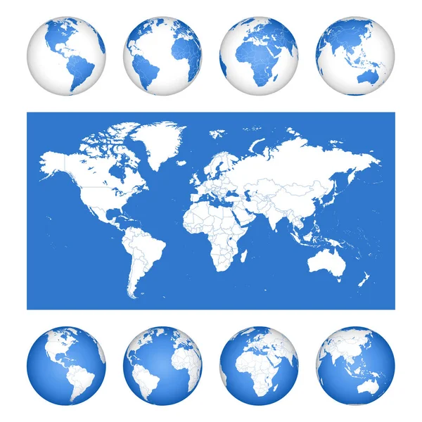 Witte Vector Globes Met Wereldkaarten Dezelfde Kleur Planeet Aarde Collectie — Stockvector