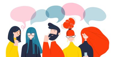 Grup üyeleri internet, sosyal ağ, sohbet, video, haber, mesaj yoluyla iletişim kuruyor. Takım adamı ve kadın konuşuyor, birlikte tartışıyorlar. Vektör illüstrasyonu