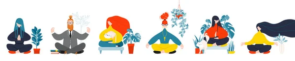 一组安静的女人 紧闭双眼 双腿交叉 以瑜珈莲花的姿势冥想 冥想练习 禅宗与和谐的概念 在白色背景上孤立的彩色平面矢量图 — 图库矢量图片