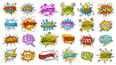 Exclamation texting comic signs on speech bubbles. Cartoon crash, pow, bomb, wham, oops and cool comic sign vector set clipart
