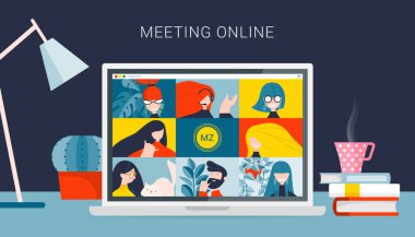 people connecting together, learning or meeting online with teleconference, video conference remote working on laptop computer, work from home, new normal concept, vector flat illustration clipart