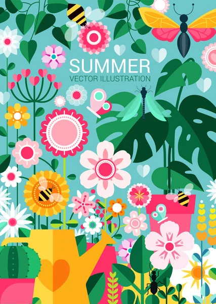 Fondo Tropical Verano Verde Con Hojas Palma Exóticas Flores Hibisco — Vector de stock