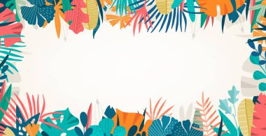 Merhaba yaz konsept tasarımı, yaz panoraması, orman egzotik yapraklı soyut illüstrasyon, renkli tasarım, yaz arkaplanı ve afiş