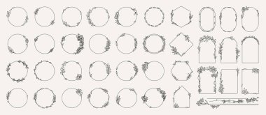 Şöhret seti dalları çerçeveler. Antika defne çelenkleri koleksiyonu. Yapraklı, böğürtlenli çelenkler. Tasarım için dekoratif elementler. Doodle vektör illüstrasyon bitkileri. Beyaz arkaplanda izole